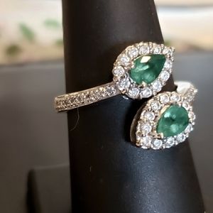 18K White Gold 1.98CT Emerald Diamond Halo Crossover Ring 8.5